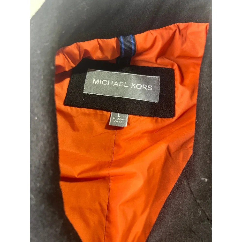 Michael Kors Mens Black Wool Blend Pea Coat Orange Lining Large Anchor Buttons
